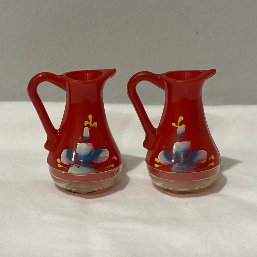 Vintage‎ Red Drink Pitchers Salt & Pepper Shakers Set Painted Kitchy 2